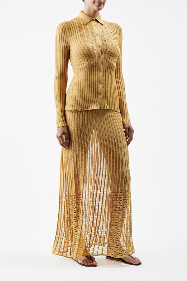 Gabriela Hearst Aera Knit Shirt In Gold Shappe Silk