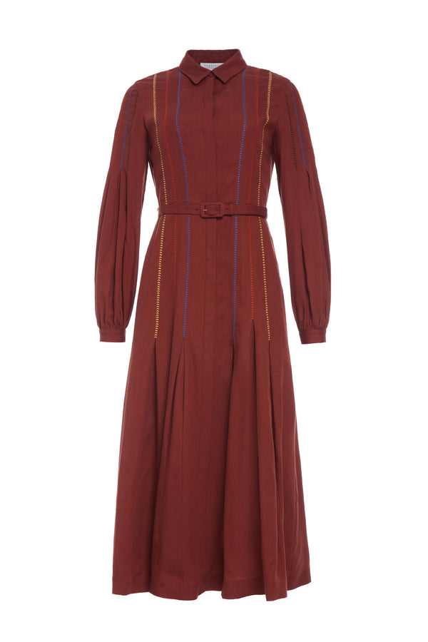 gabriela hearst Aleka Pleated Midi Shirtdress in Burnt Sienna Multi Aloe Linen