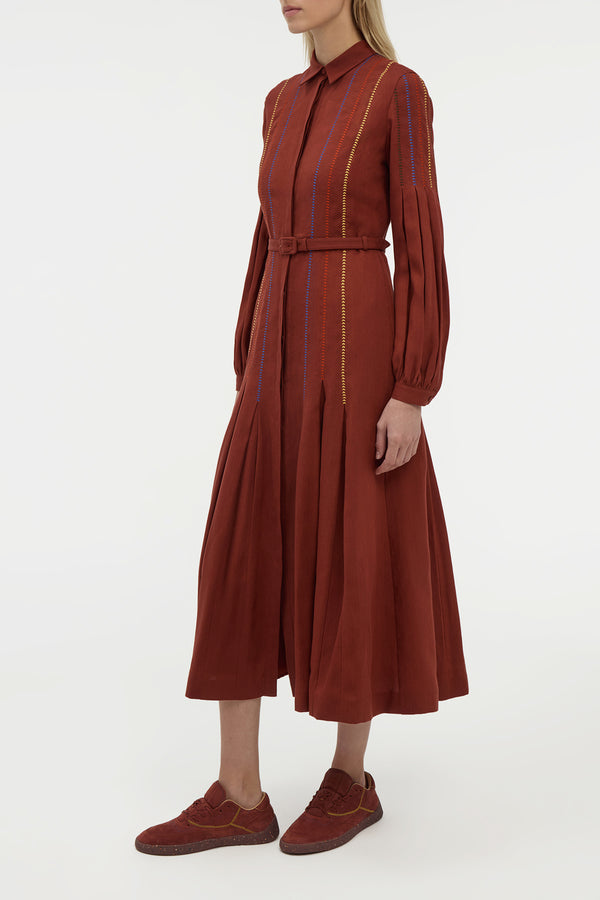 Gabriela Hearst Aleka Pleated Midi Shirtdress In Burnt Sienna Multi Aloe Linen