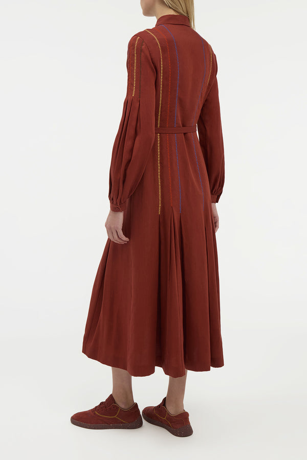 Gabriela Hearst Aleka Pleated Midi Shirtdress In Burnt Sienna Multi Aloe Linen