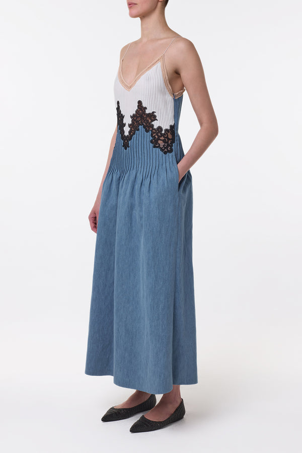 Gabriela Hearst Althea Lace Slip Maxi Dress In Light Blue Recycled Cotton Linen Denim