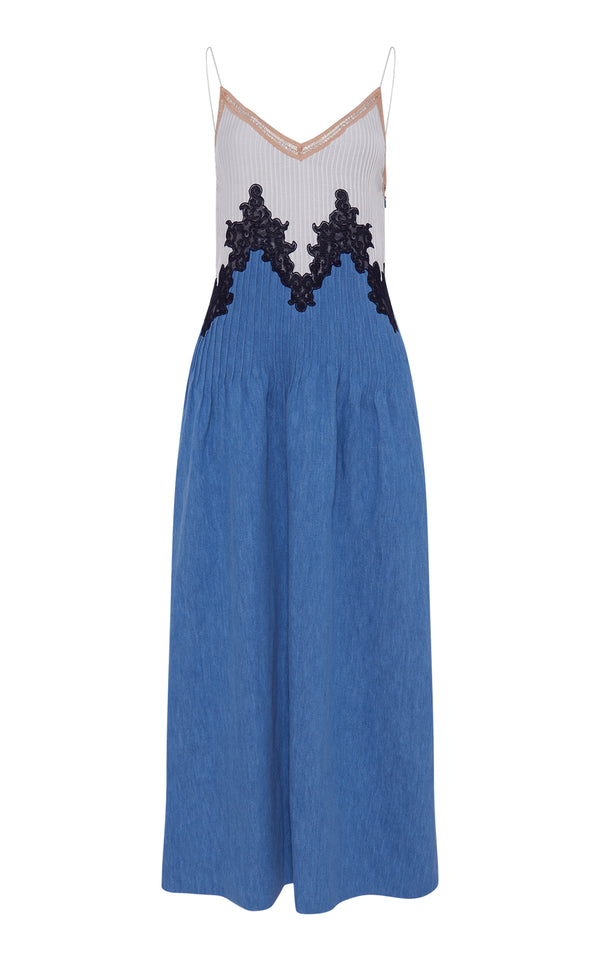 gabriela hearst Althea Lace Slip Maxi Dress in Light Blue Recycled Cotton Linen Denim