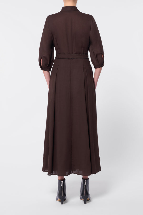 Gabriela Hearst Andy Pleated Maxi Shirtdress In Chocolate Virgin Wool