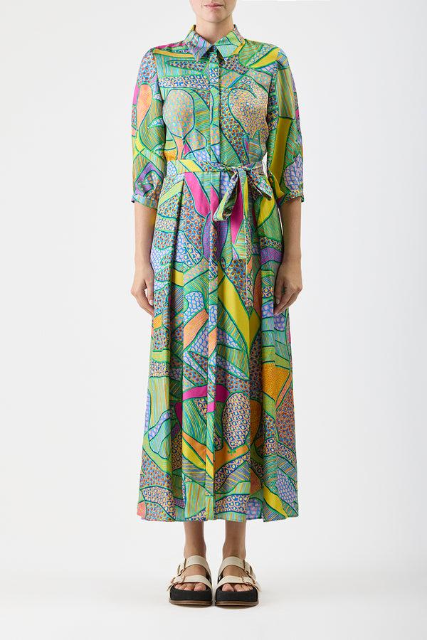 Gabriela Hearst Andy Pleated Maxi Shirtdress In Green Multi Printed Silk Twill