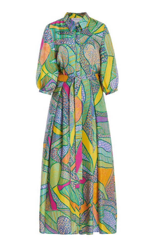 gabriela hearst Andy Pleated Maxi Shirtdress in Green Multi Printed Silk Twill