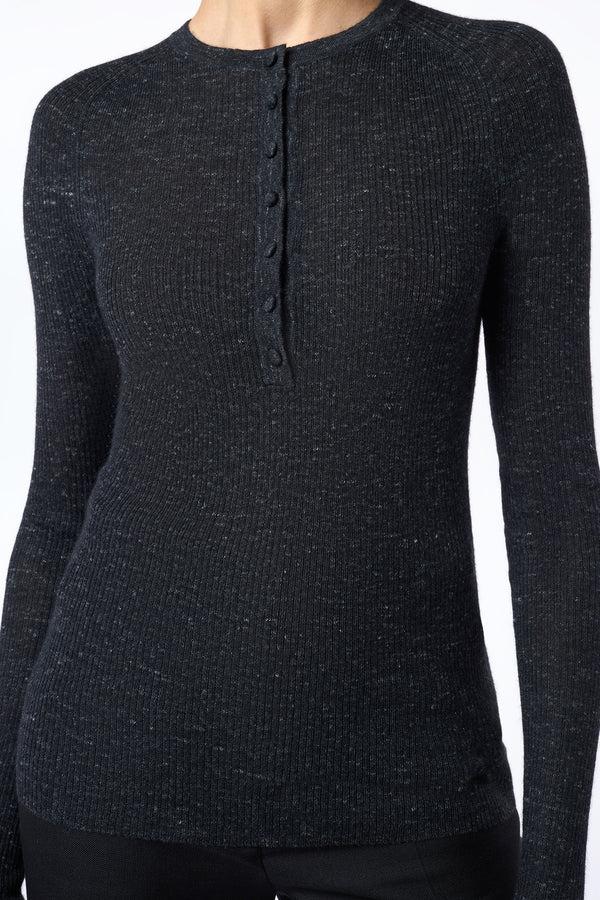 Gabriela Hearst Anges Knit Henley In Black Cashmere Silk With Hemp