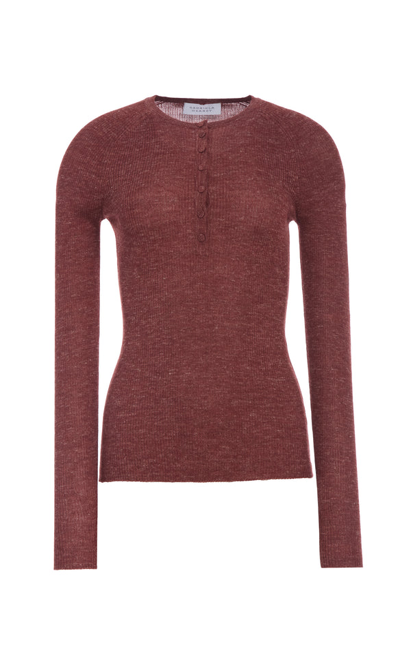 Gabriela Hearst Anges Knit Henley In Burnt Sienna Cashmere Silk With Hemp