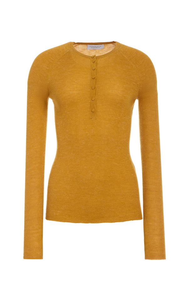 gabriela hearst Anges Knit Henley in Golden Birch Cashmere Silk with Hemp