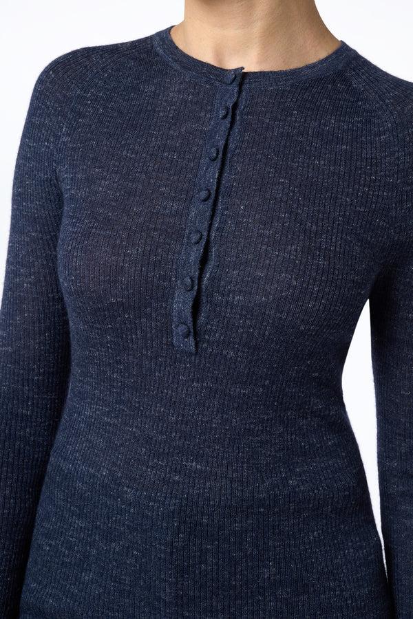 Gabriela Hearst Anges Knit Henley In Navy Cashmere Silk With Hemp