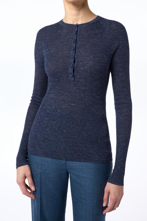 Gabriela Hearst Anges Knit Henley In Navy Cashmere Silk With Hemp