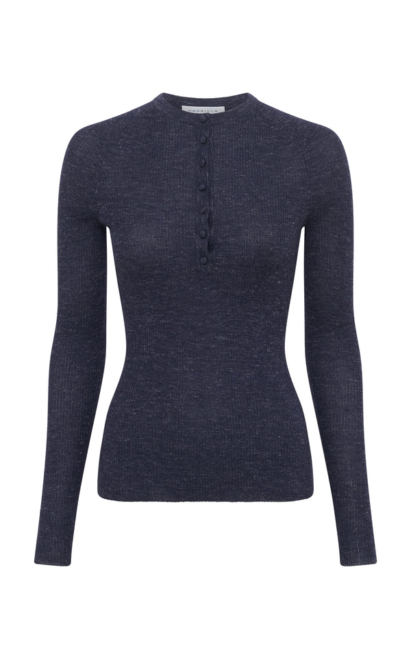 gabriela hearst Anges Knit Henley in Navy Cashmere Silk with Hemp