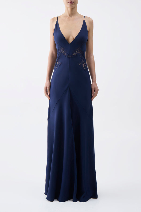 Gabriela Hearst Apuleius Lace Slip Maxi Dress In Navy Silk Crepe