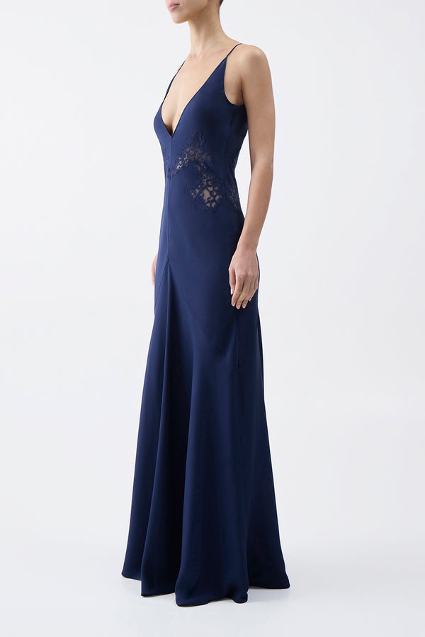 Gabriela Hearst Apuleius Lace Slip Maxi Dress In Navy Silk Crepe