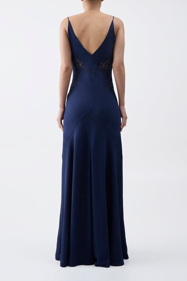 Gabriela Hearst Apuleius Lace Slip Maxi Dress In Navy Silk Crepe