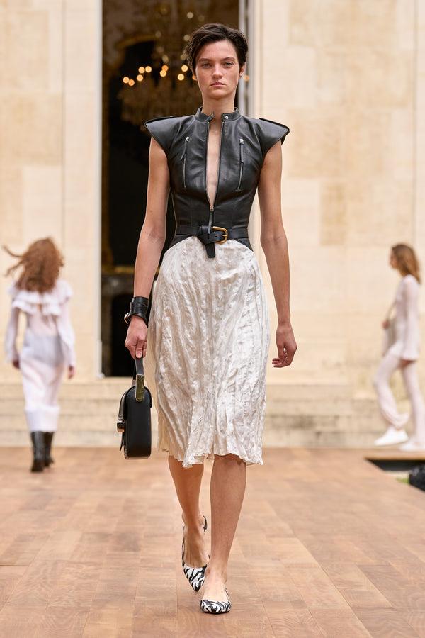 Gabriela Hearst Athena Moto Midi Dress In Black Leather & Ivory Metallic Crinkled Silk