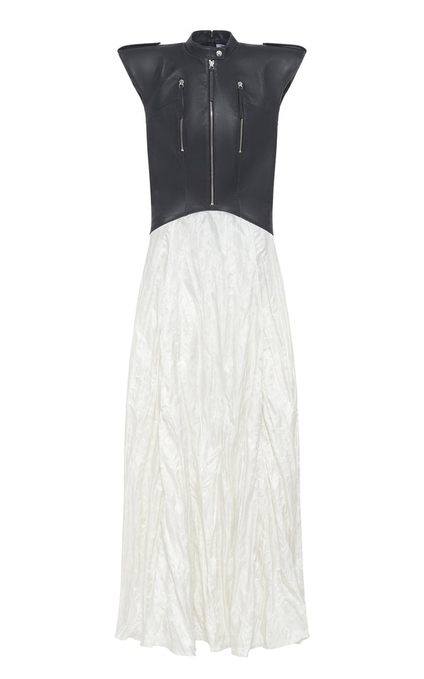 gabriela hearst Athena Moto Midi Dress in Black Leather & Ivory Metallic Crinkled Silk