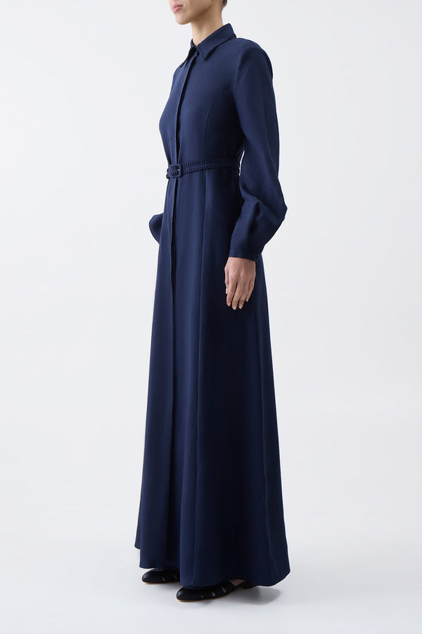 Gabriela Hearst Breton Maxi Shirtdress With Slip In Navy Aloe Linen
