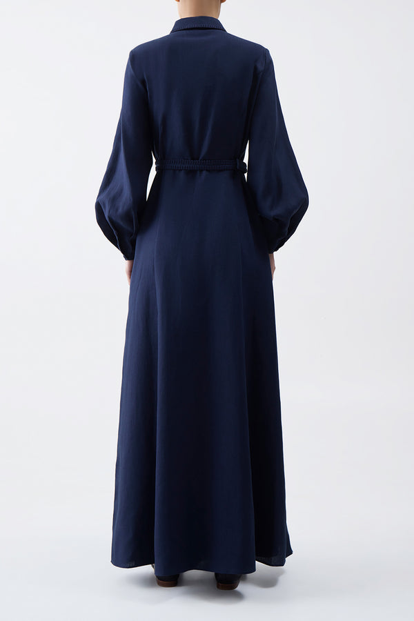 Gabriela Hearst Breton Maxi Shirtdress With Slip In Navy Aloe Linen