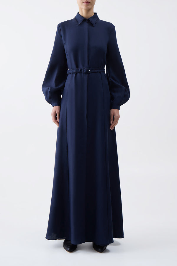 Gabriela Hearst Breton Maxi Shirtdress With Slip In Navy Aloe Linen