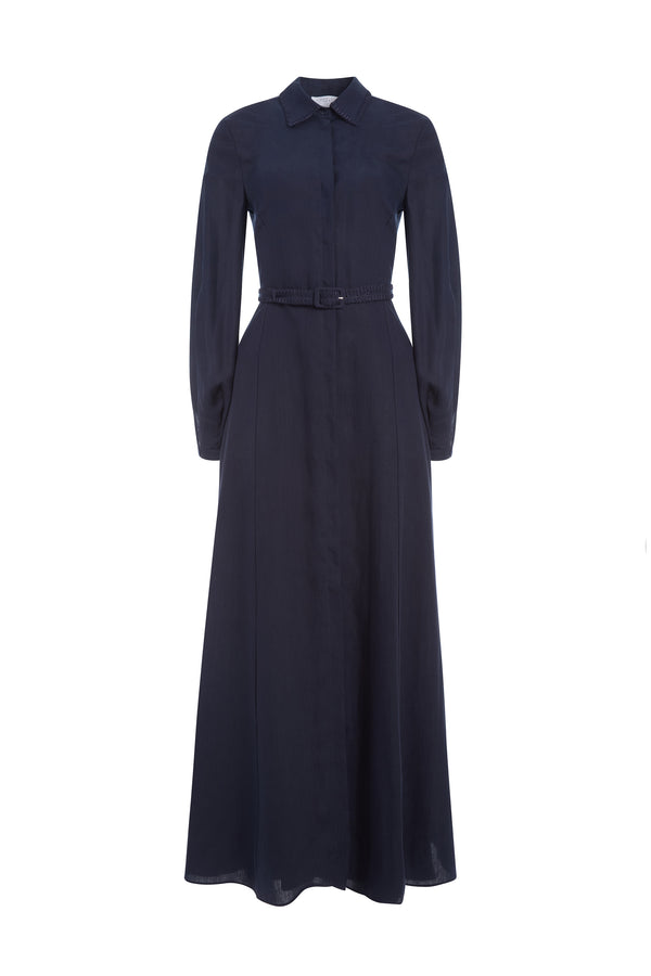 gabriela hearst Breton Maxi Shirtdress with Slip in Navy Aloe Linen