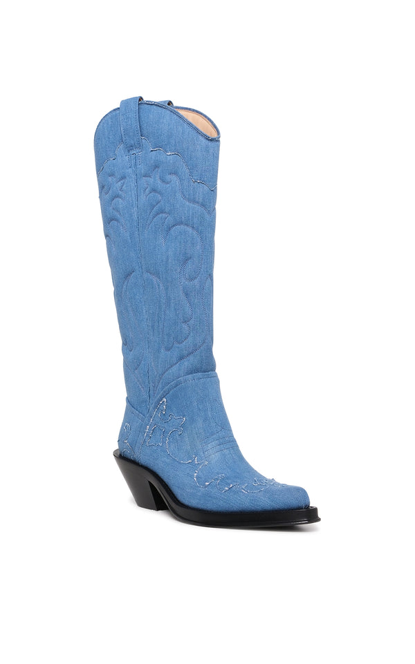 Gabriela Hearst Capitana Cowboy Boot In Light Blue Recycled Cotton Linen Denim