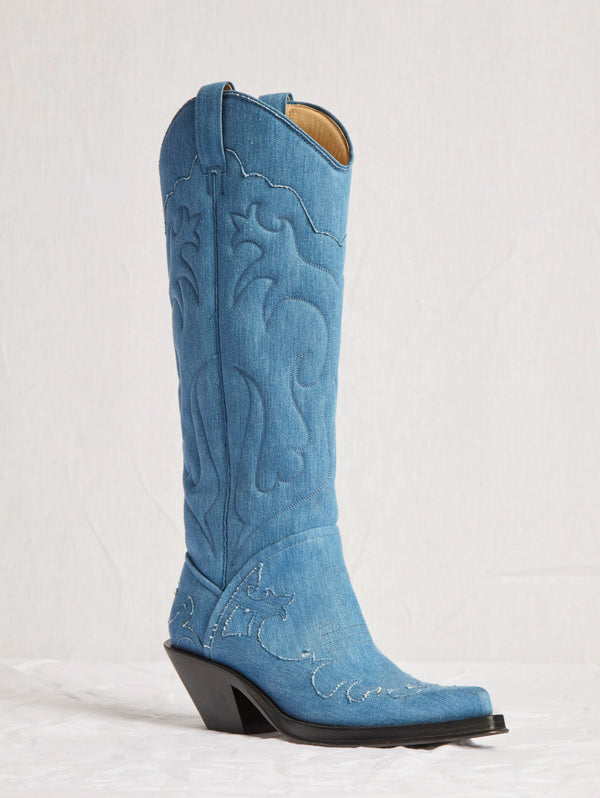Gabriela Hearst Capitana Cowboy Boot In Light Blue Recycled Cotton Linen Denim
