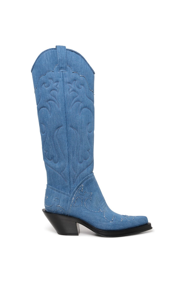 gabriela hearst Capitana Cowboy Boot in Light Blue Recycled Cotton Linen Denim