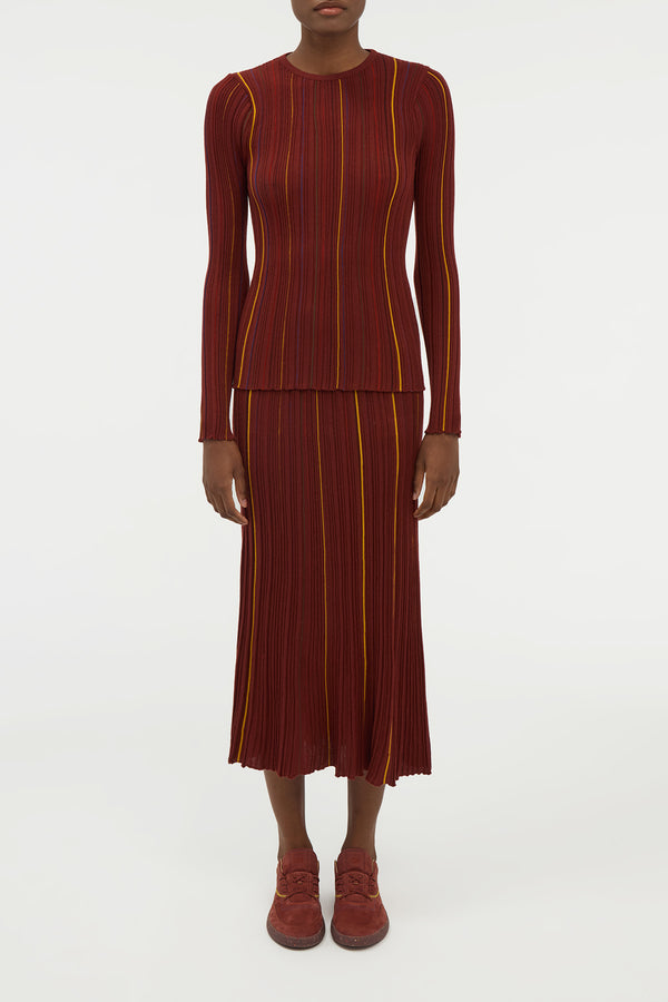 Gabriela Hearst Celeano Pinstripe Knit Midi Skirt Burnt Sienna Merino Wool