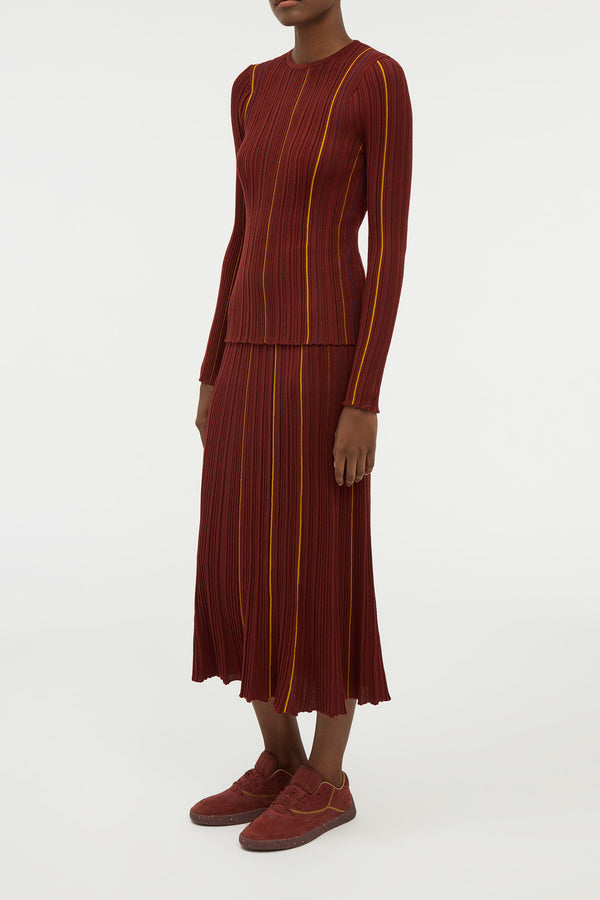 Gabriela Hearst Celeano Pinstripe Knit Midi Skirt Burnt Sienna Merino Wool