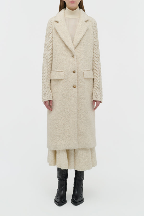 Gabriela Hearst Charles Coat In Ivory Recycled Cashmere Boucle With Cable-knit Sleeves