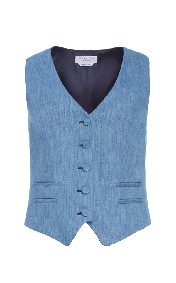 gabriela hearst Coleridge Vest in Medium Blue Recycled Cotton Linen Denim