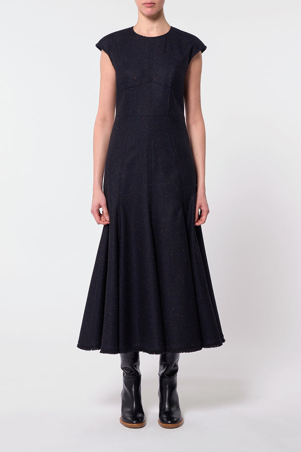 Gabriela Hearst Crowther Midi Dress In Dark Navy Multi Virgin Wool Tweed