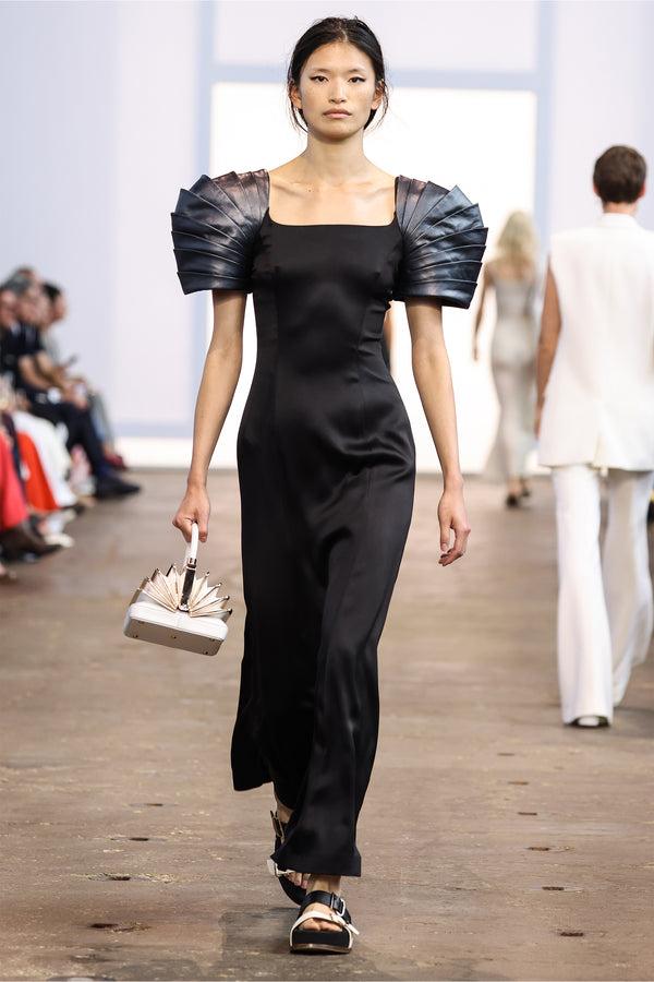 Gabriela Hearst Duchess Maxi Dress In Black Silk Satin With Metallic Nappa Leather Shoulders