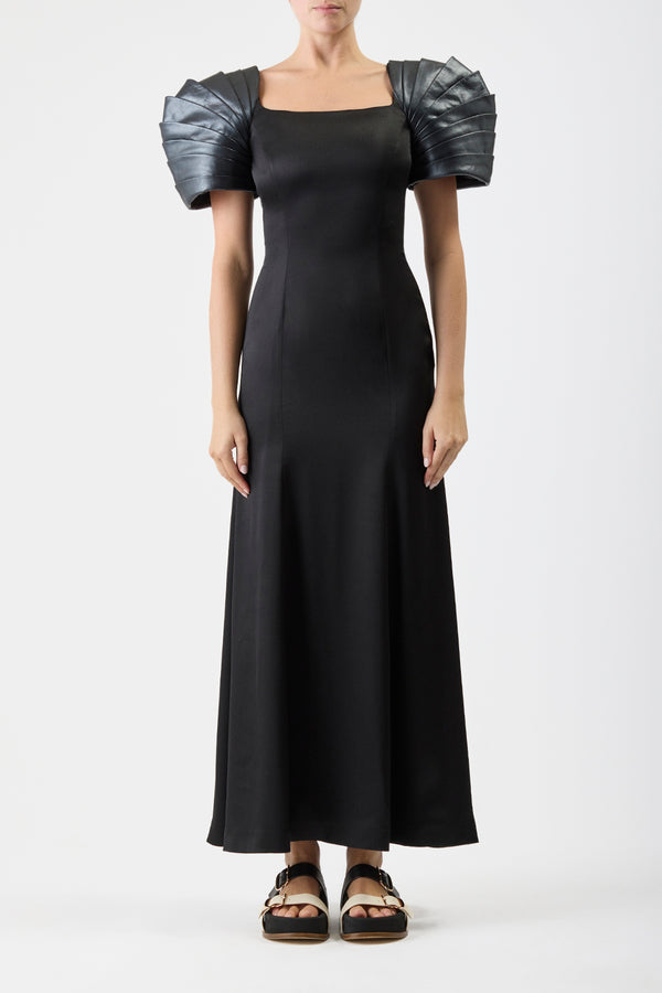 Gabriela Hearst Duchess Maxi Dress In Black Silk Satin With Metallic Nappa Leather Shoulders