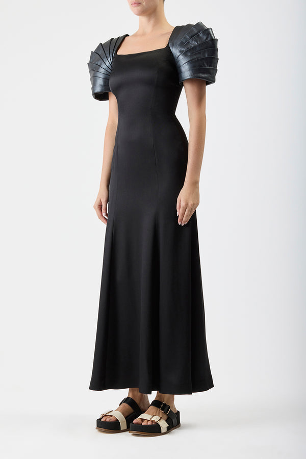 Gabriela Hearst Duchess Maxi Dress In Black Silk Satin With Metallic Nappa Leather Shoulders