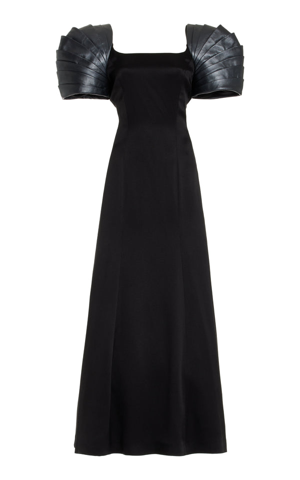 gabriela hearst Duchess Maxi Dress in Black Silk Satin with Metallic Nappa Leather Shoulders