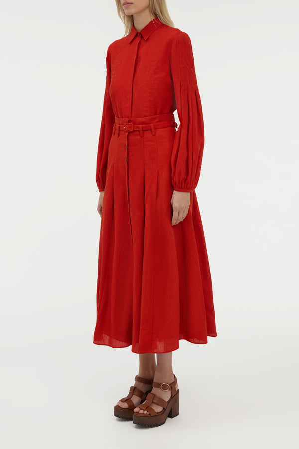 Gabriela Hearst Dugald Pleated Midi Skirt In Antelope Orange Aloe Linen