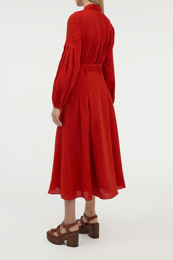 Gabriela Hearst Dugald Pleated Midi Skirt In Antelope Orange Aloe Linen