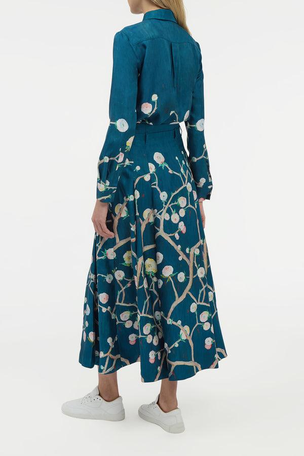 Gabriela Hearst Dugald Pleated Midi Skirt In Blue Multi Printed Silk Twill