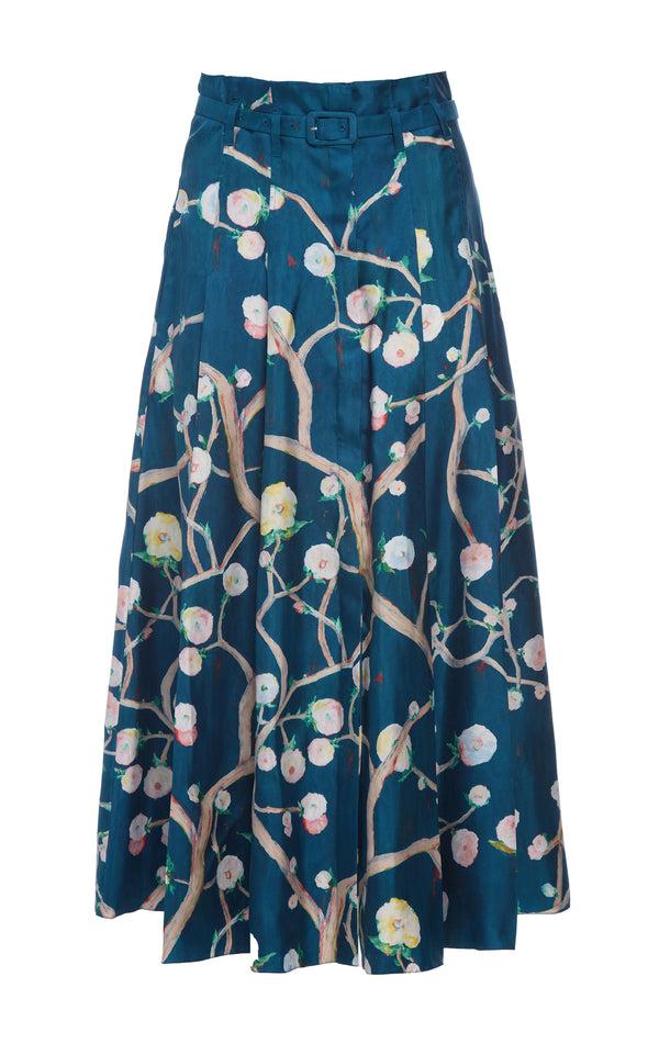 gabriela hearst Dugald Pleated Midi Skirt in Blue Multi Printed Silk Twill