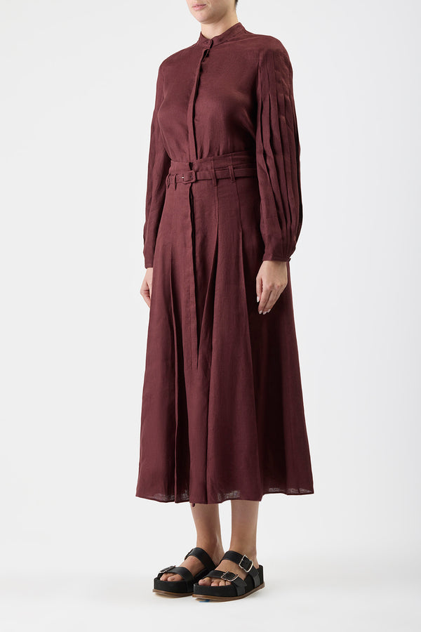 Gabriela Hearst Dugald Pleated Midi Skirt In Deep Bordeaux Linen