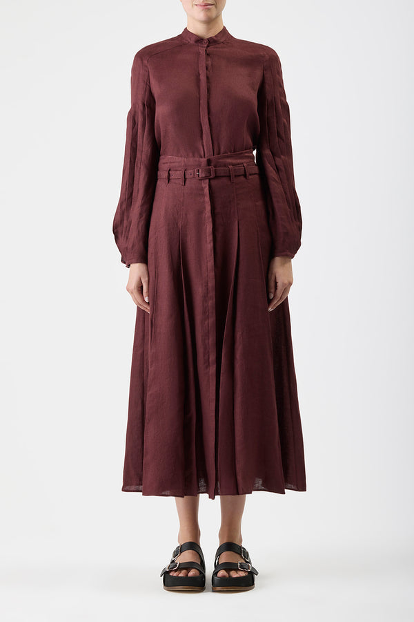 Gabriela Hearst Dugald Pleated Midi Skirt In Deep Bordeaux Linen