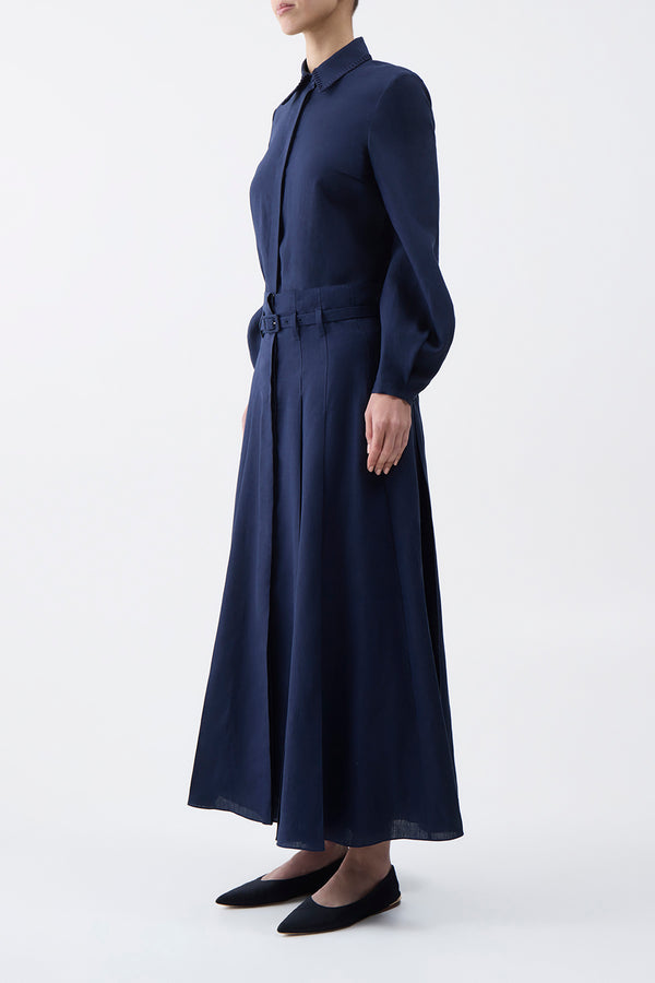Gabriela Hearst Dugald Pleated Midi Skirt In Navy Aloe Linen