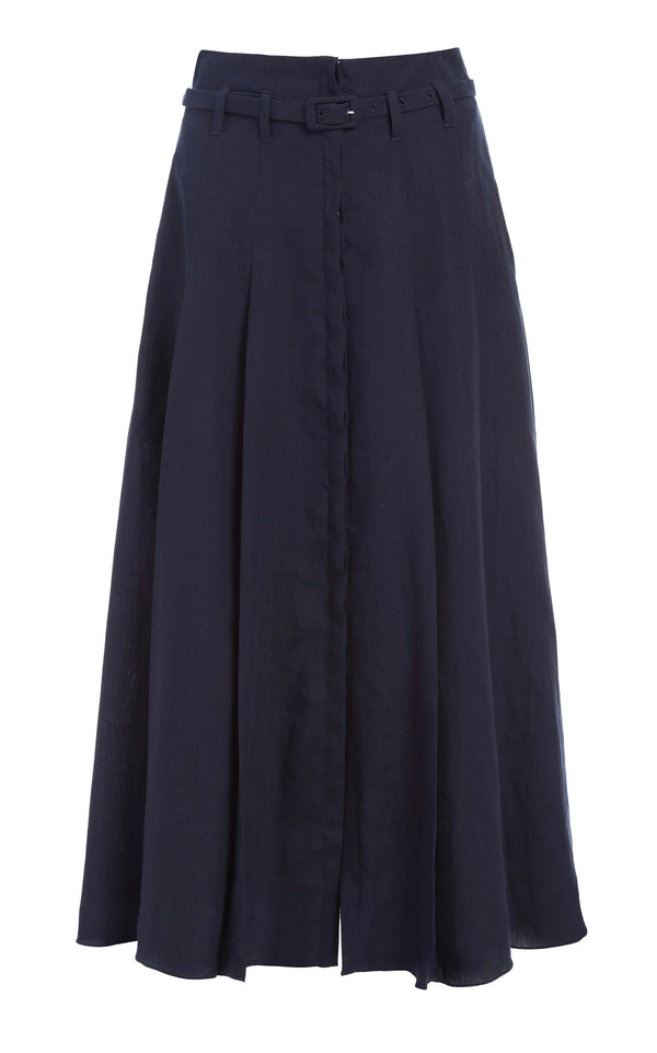 gabriela hearst Dugald Pleated Midi Skirt in Navy Aloe Linen