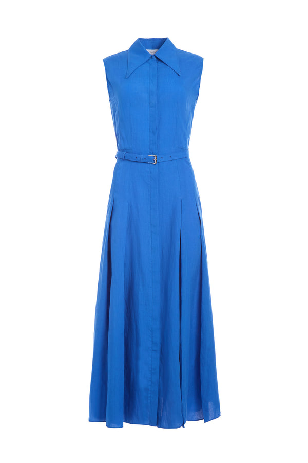 gabriela hearst Durand Pleated Maxi Shirtdress in Sapphire Aloe Linen