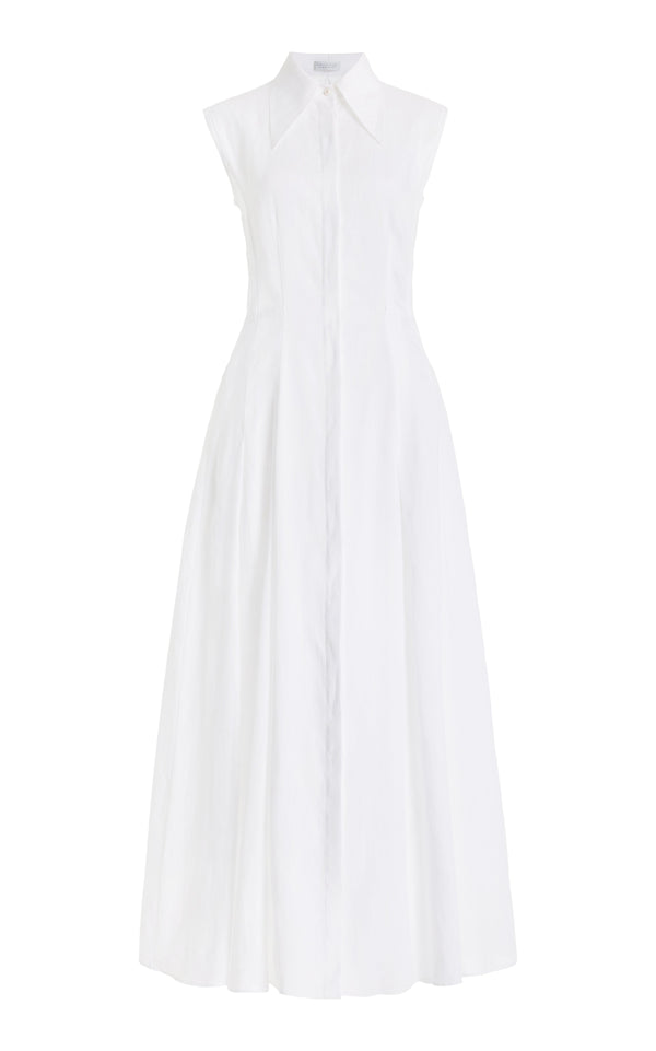gabriela hearst Durand Pleated Maxi Shirtdress in White Aloe Linen