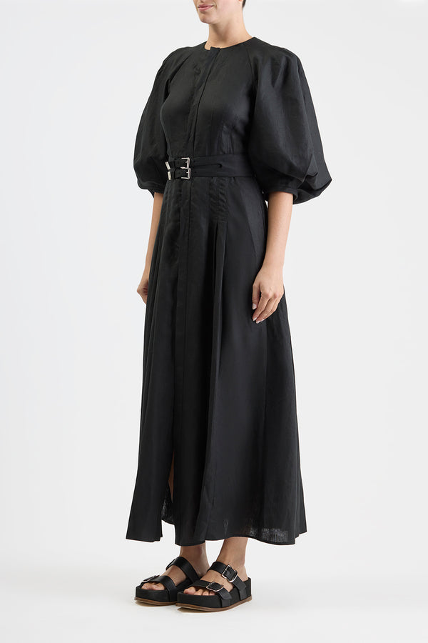 Gabriela Hearst Elea Pleated Maxi Dress In Black Aloe Linen