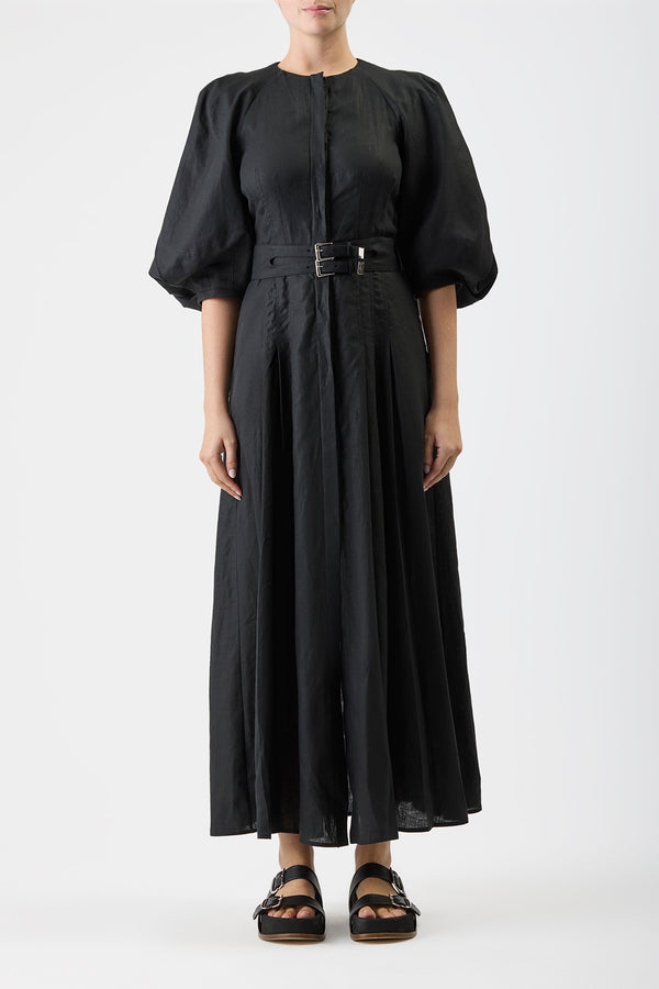 Gabriela Hearst Elea Pleated Maxi Dress In Black Aloe Linen