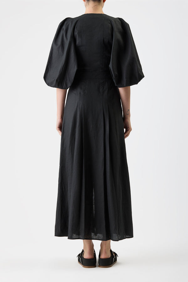 Gabriela Hearst Elea Pleated Maxi Dress In Black Aloe Linen