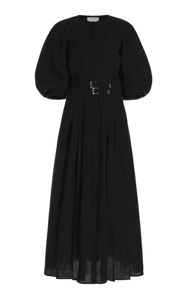 gabriela hearst Elea Pleated Maxi Dress in Black Aloe Linen